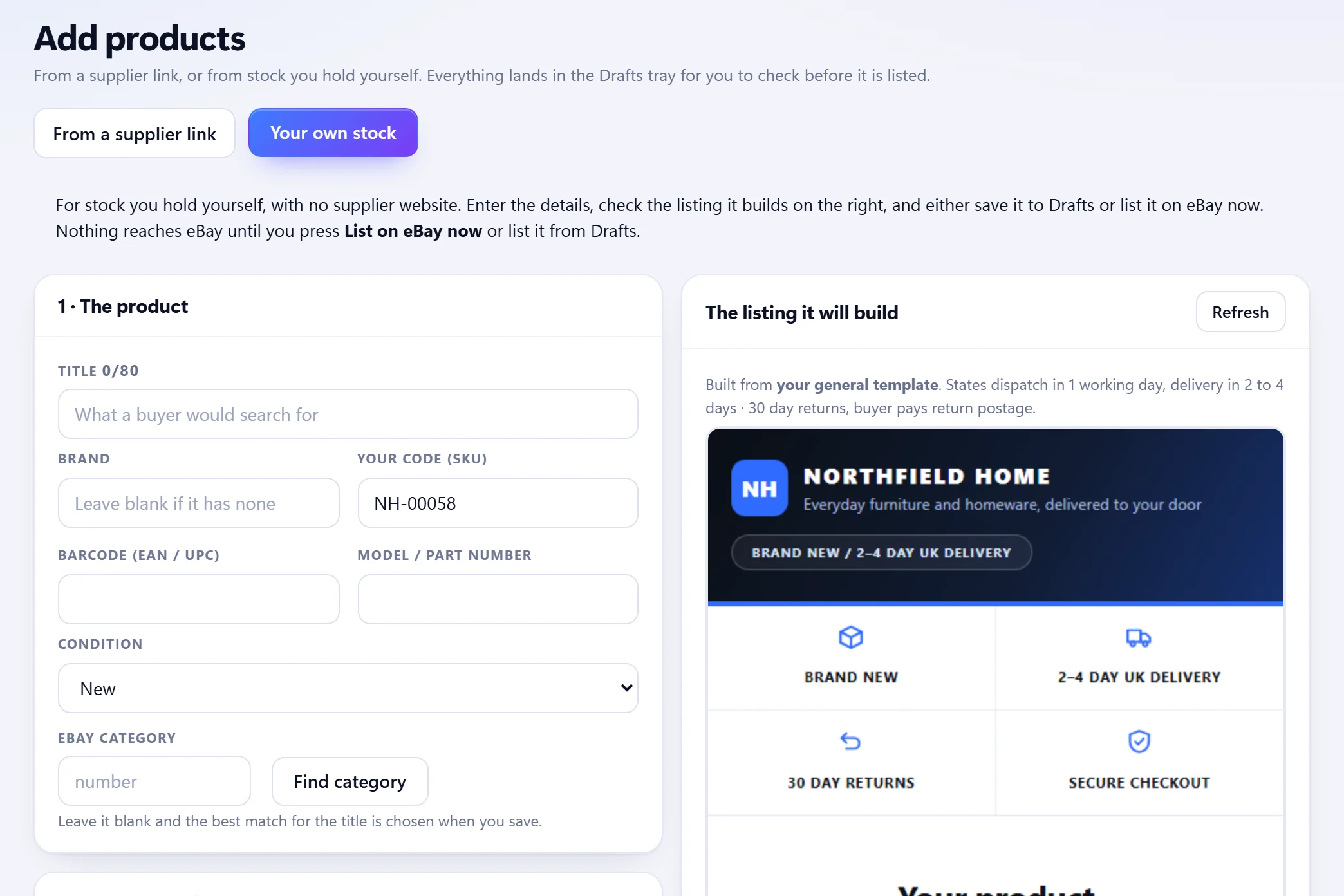 Adding your own stock in Sellhelm: the product form beside the listing it will build, with the shop's name, brand new, delivery and returns filled in.