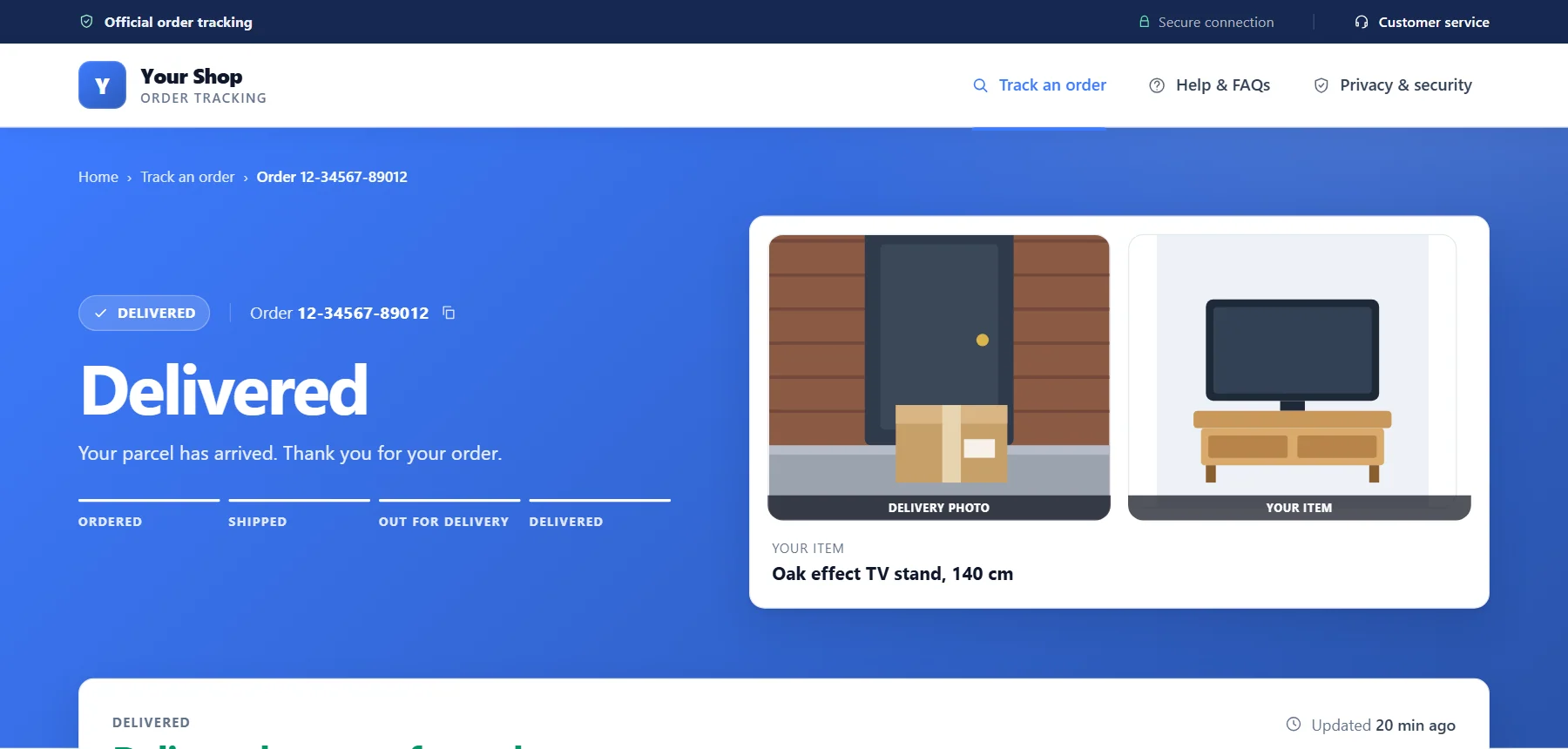 The tracking page a buyer sees, with a blue band: the delivery photo, a route drawing and the tracking history.