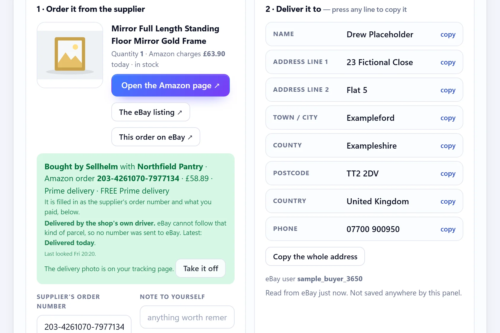 An order open in Sellhelm: the Amazon product page to order from, the delivery address in parts that copy with one click, and, with the optional add-on, the Amazon order number recorded.