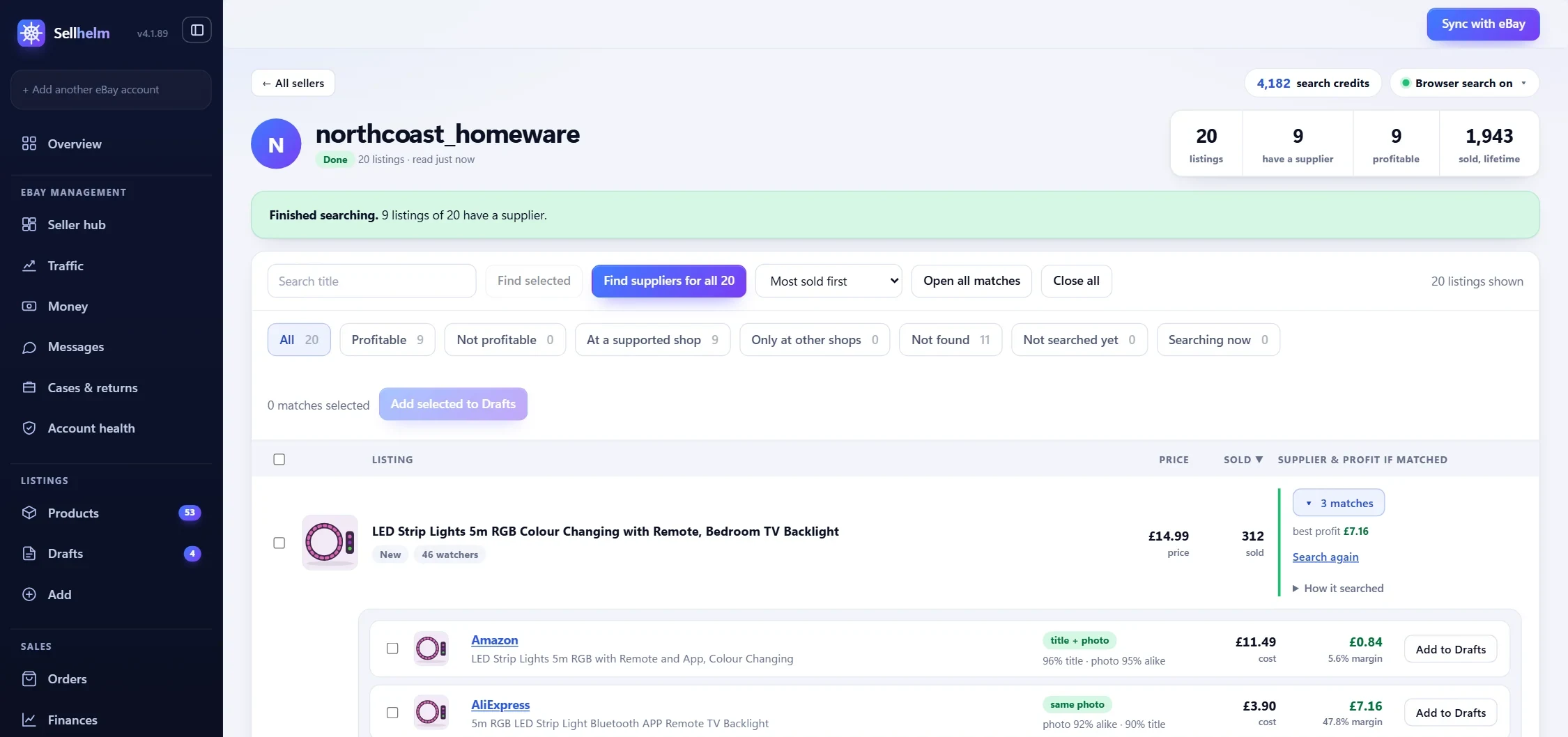 Competitor research for one eBay seller: the totals for the seller (20 listings, 9 with a supplier, 9 profitable) and a listing with its supplier matches found at Amazon and AliExpress, each with the 