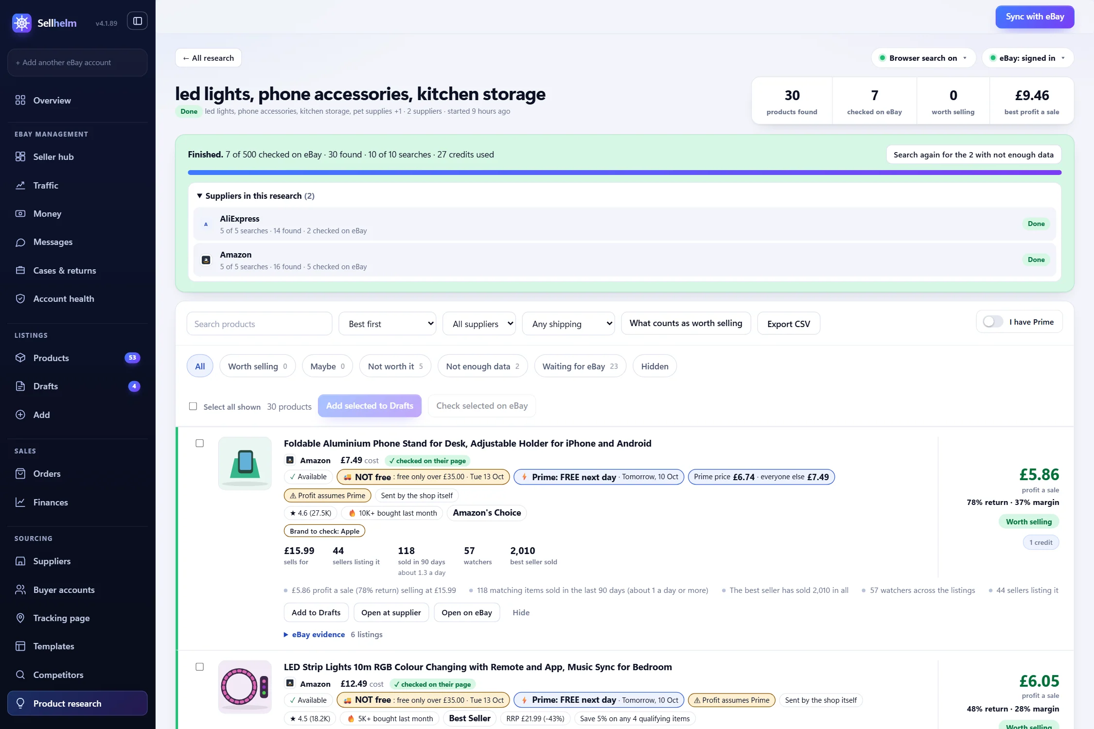 Sellhelm product research results: 30 products found at Amazon and AliExpress, with the number worth selling, and each product showing its cost, the profit a sale and the return.